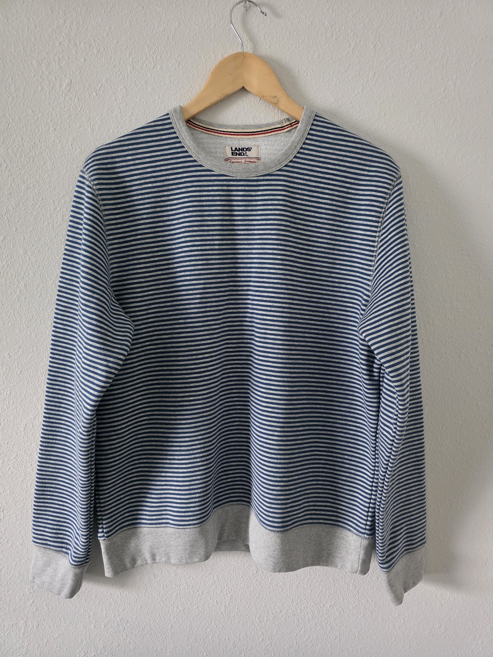 Lands' End Men's Navy and White Striped Crewneck Sweater with Gray Trim